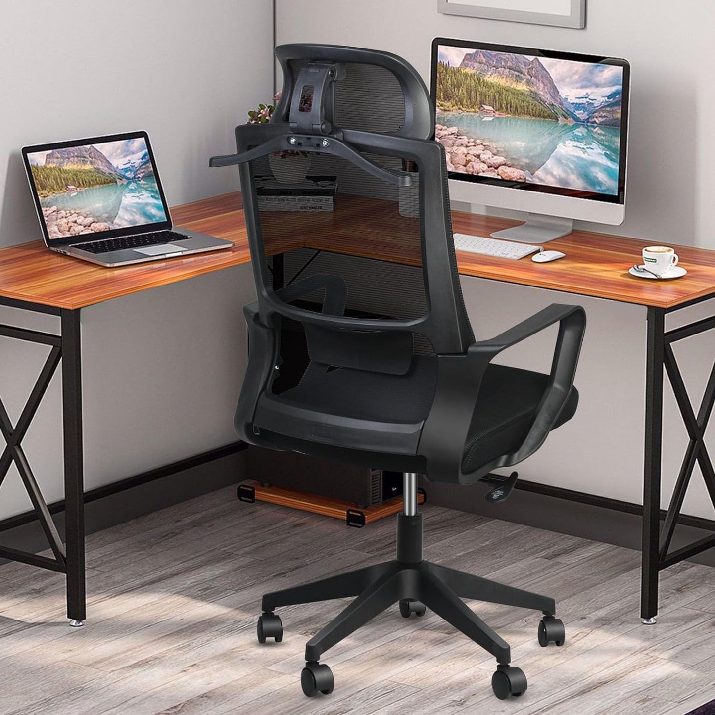SKY-TOUCH Ergonomic Office Chair with Adjustable Headrest | Desk Chair | Lumbar Support | Large Space Padded Seat Cushion｜with Tilt Back｜Mesh Breathable Backrest｜60 * 60 * 131cm Black