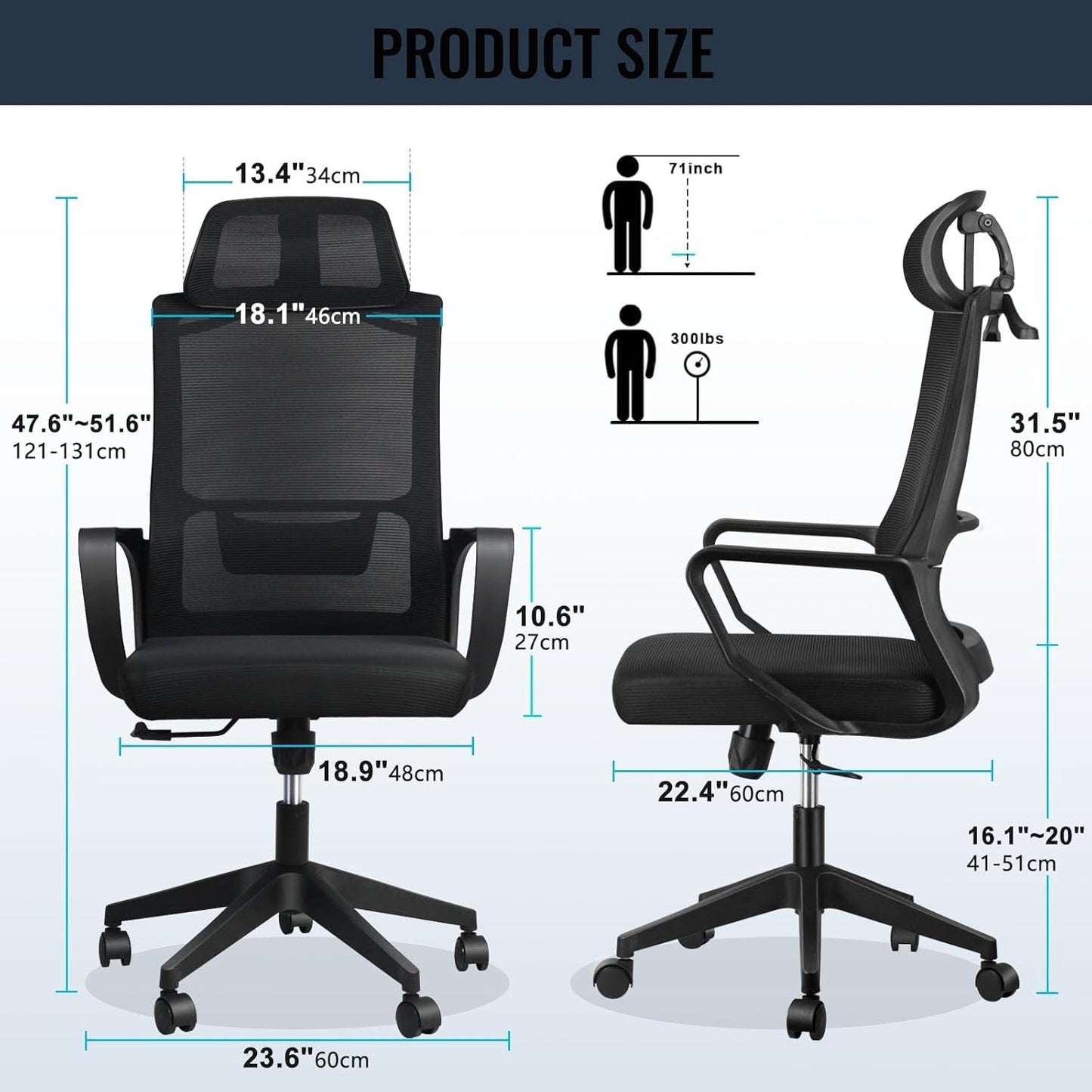 SKY-TOUCH Ergonomic Office Chair with Adjustable Headrest | Desk Chair | Lumbar Support | Large Space Padded Seat Cushion｜with Tilt Back｜Mesh Breathable Backrest｜60 * 60 * 131cm Black