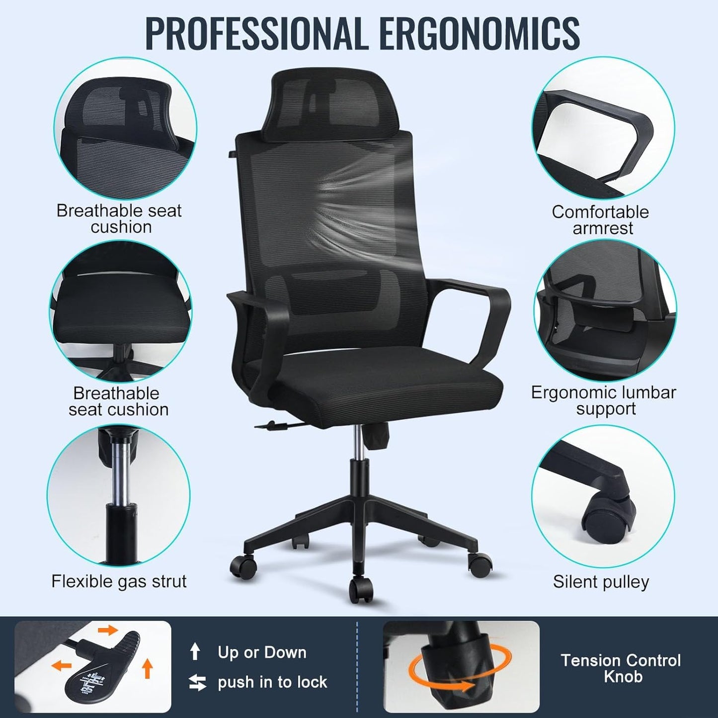 SKY-TOUCH Ergonomic Office Chair with Adjustable Headrest | Desk Chair | Lumbar Support | Large Space Padded Seat Cushion｜with Tilt Back｜Mesh Breathable Backrest｜60 * 60 * 131cm Black