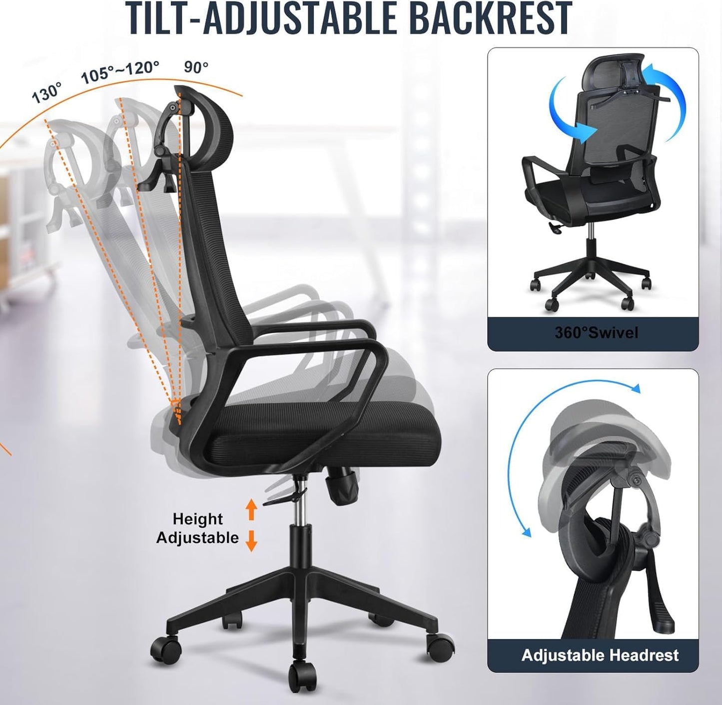 SKY-TOUCH Ergonomic Office Chair with Adjustable Headrest | Desk Chair | Lumbar Support | Large Space Padded Seat Cushion｜with Tilt Back｜Mesh Breathable Backrest｜60 * 60 * 131cm Black