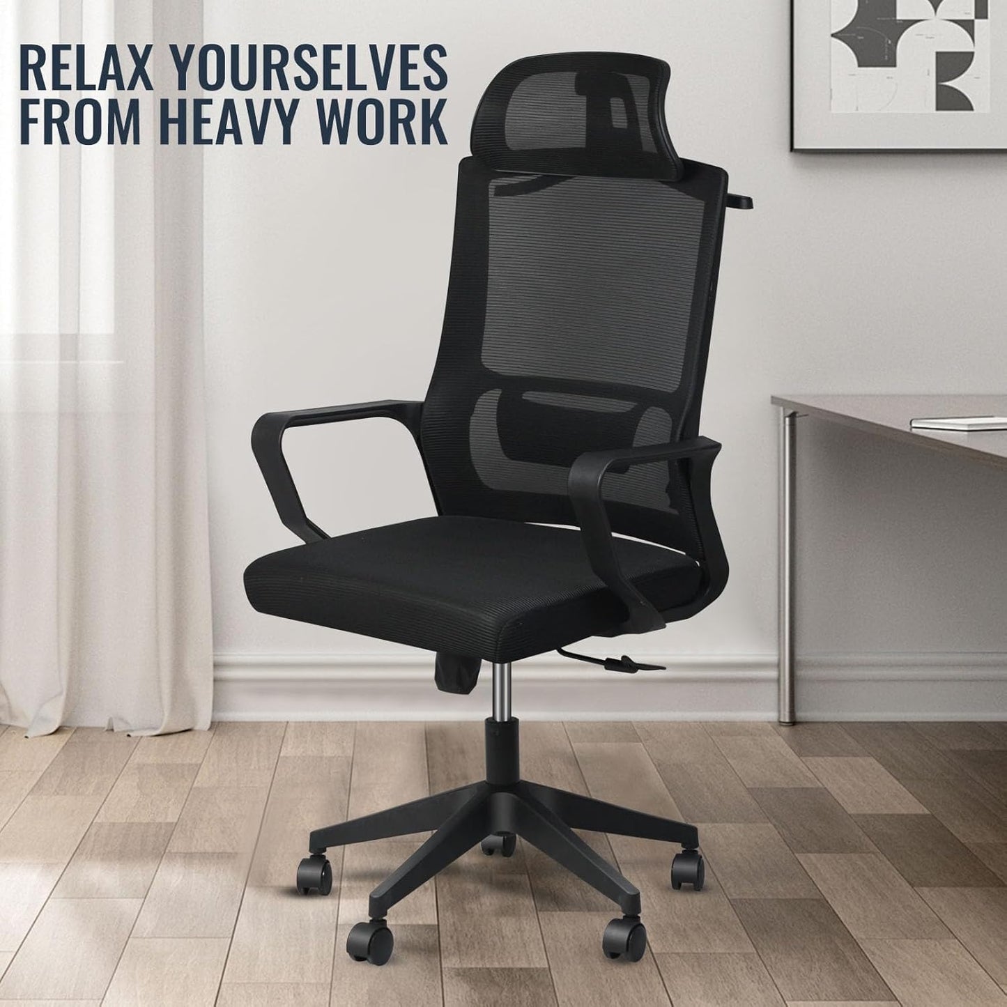 SKY-TOUCH Ergonomic Office Chair with Adjustable Headrest | Desk Chair | Lumbar Support | Large Space Padded Seat Cushion｜with Tilt Back｜Mesh Breathable Backrest｜60 * 60 * 131cm Black