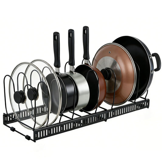 SKY-TOUCH Pot and Pan Organizers Rack : Expandable Pot Lid Organizer Holder with 10 Adjustable Compartment Cookware Plate Rack for Kitchen Cabinet Black