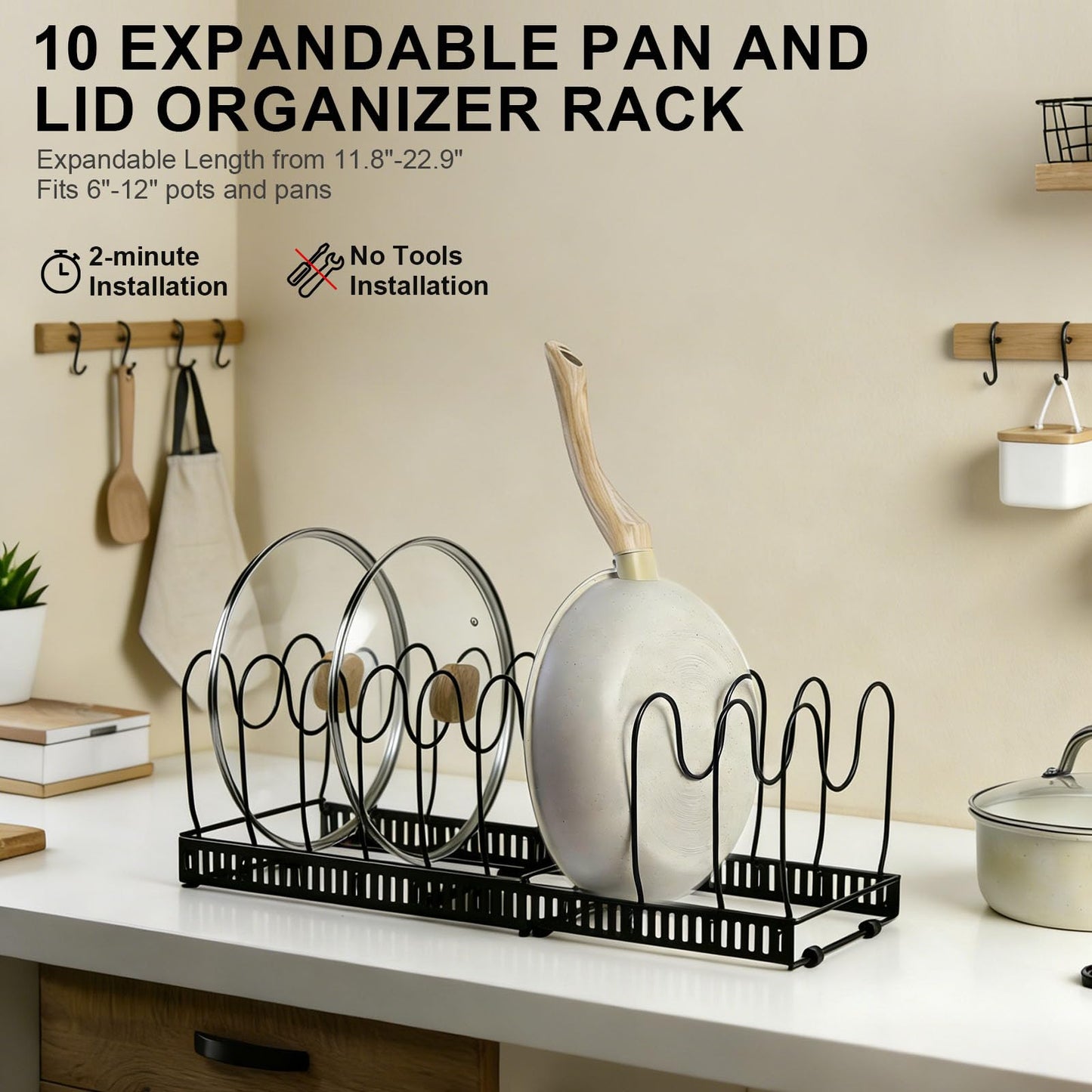 SKY-TOUCH Pot and Pan Organizers Rack : Expandable Pot Lid Organizer Holder with 10 Adjustable Compartment Cookware Plate Rack for Kitchen Cabinet Black