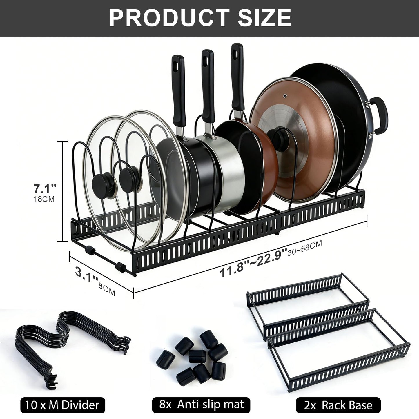 SKY-TOUCH Pot and Pan Organizers Rack : Expandable Pot Lid Organizer Holder with 10 Adjustable Compartment Cookware Plate Rack for Kitchen Cabinet Black