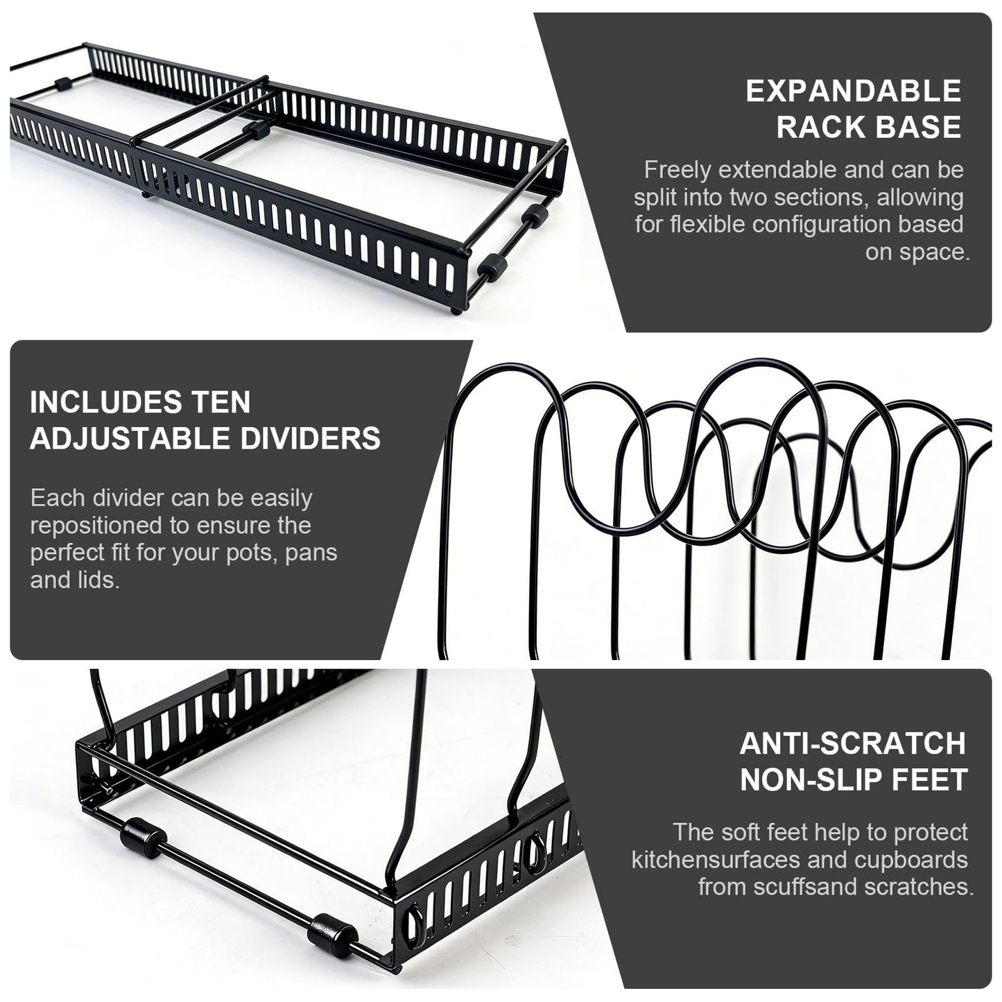 SKY-TOUCH Pot and Pan Organizers Rack : Expandable Pot Lid Organizer Holder with 10 Adjustable Compartment Cookware Plate Rack for Kitchen Cabinet Black