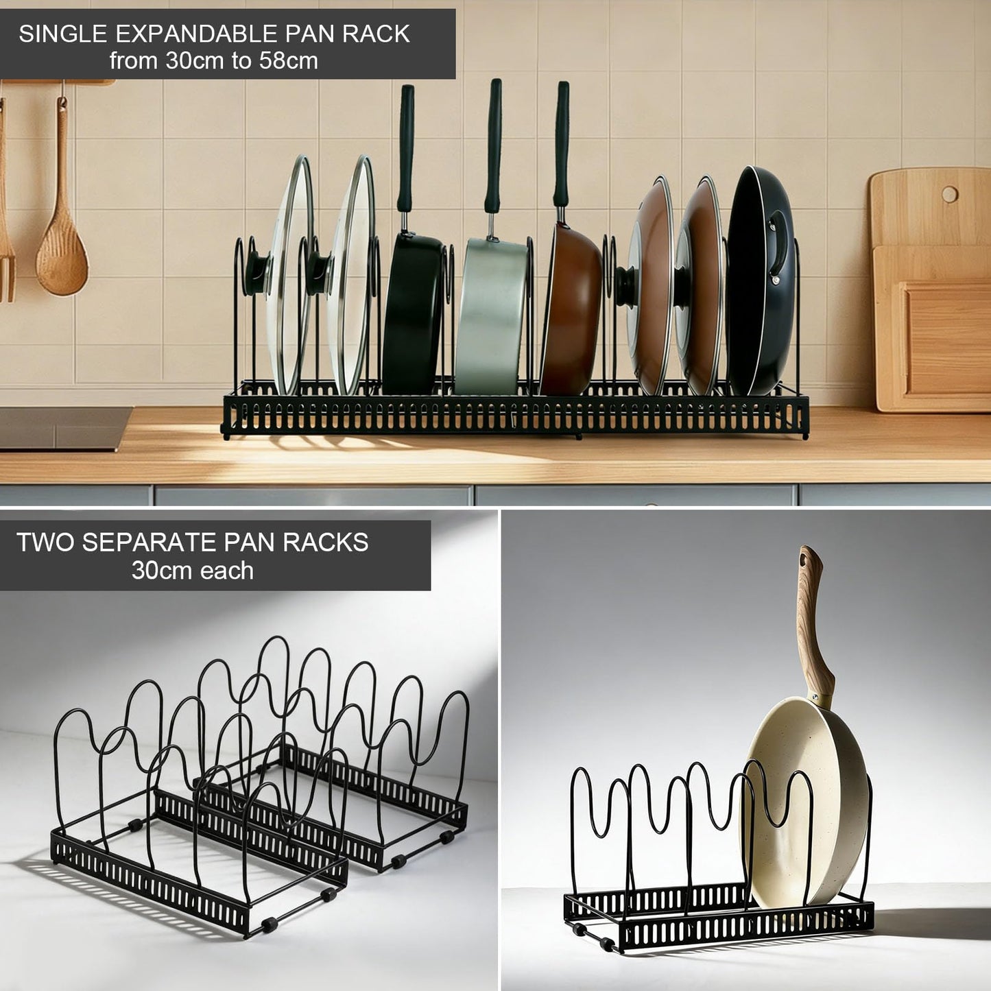 SKY-TOUCH Pot and Pan Organizers Rack : Expandable Pot Lid Organizer Holder with 10 Adjustable Compartment Cookware Plate Rack for Kitchen Cabinet Black