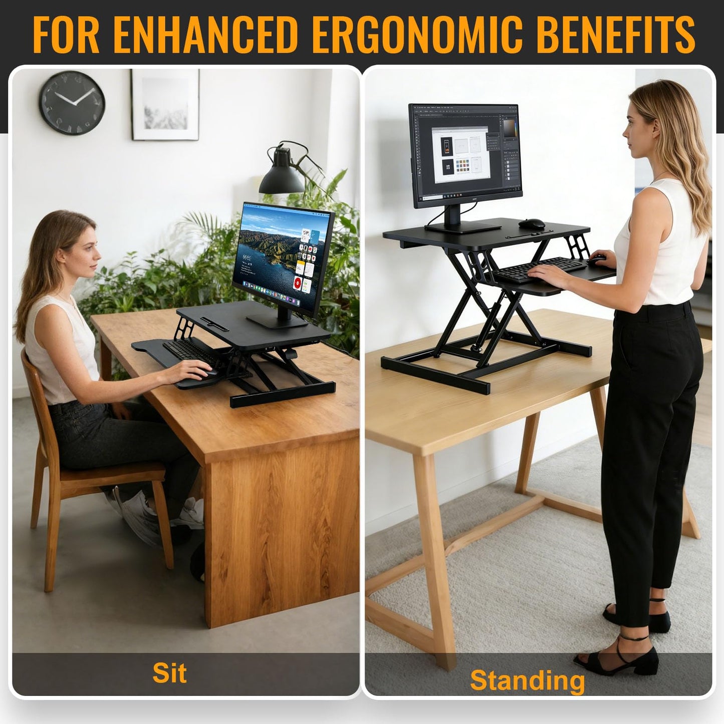 SKY-TOUCH Standing Desk Height Adjustable, 80*40cm Sit to Stand Desk Converter with Keyboard Tray, Ergonomic Sit to Stand Up Riser for Home Office Laptop, Black