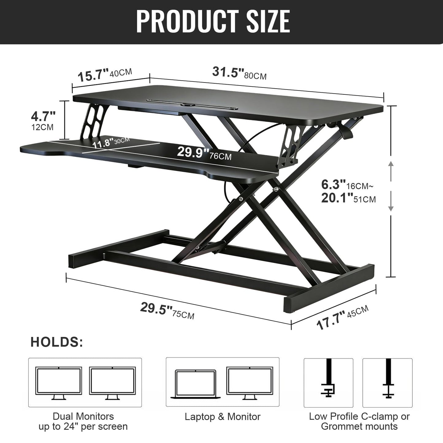 SKY-TOUCH Standing Desk Height Adjustable, 80*40cm Sit to Stand Desk Converter with Keyboard Tray, Ergonomic Sit to Stand Up Riser for Home Office Laptop, Black