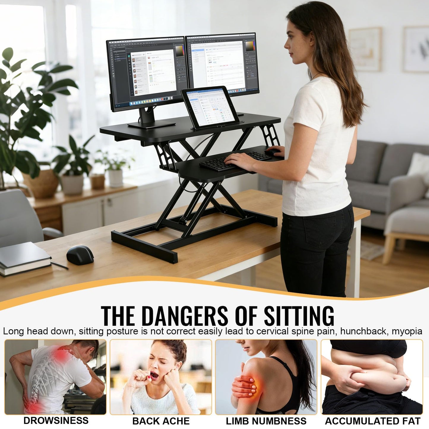 SKY-TOUCH Standing Desk Height Adjustable, 80*40cm Sit to Stand Desk Converter with Keyboard Tray, Ergonomic Sit to Stand Up Riser for Home Office Laptop, Black