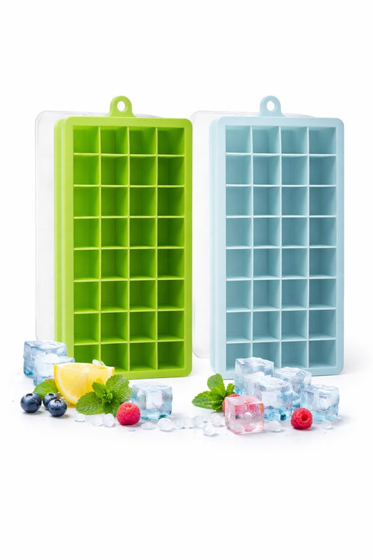 SKY-TOUCH 2-Pack Food Grade Silicone Ice Cube Cubes with Lids for Freezer, Easy-to-Remove 24 Cube Cubes for Party, Drinks and Frozen Liquids (Blue and Green)