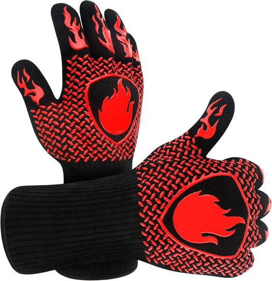 SKY-TOUCH 1pcs BBQ Grill Gloves, Fireproof Oven Gloves with Long Cuff, Heat Resistant up to 800 °C, Durable Silicone & Cotton, Black & Red