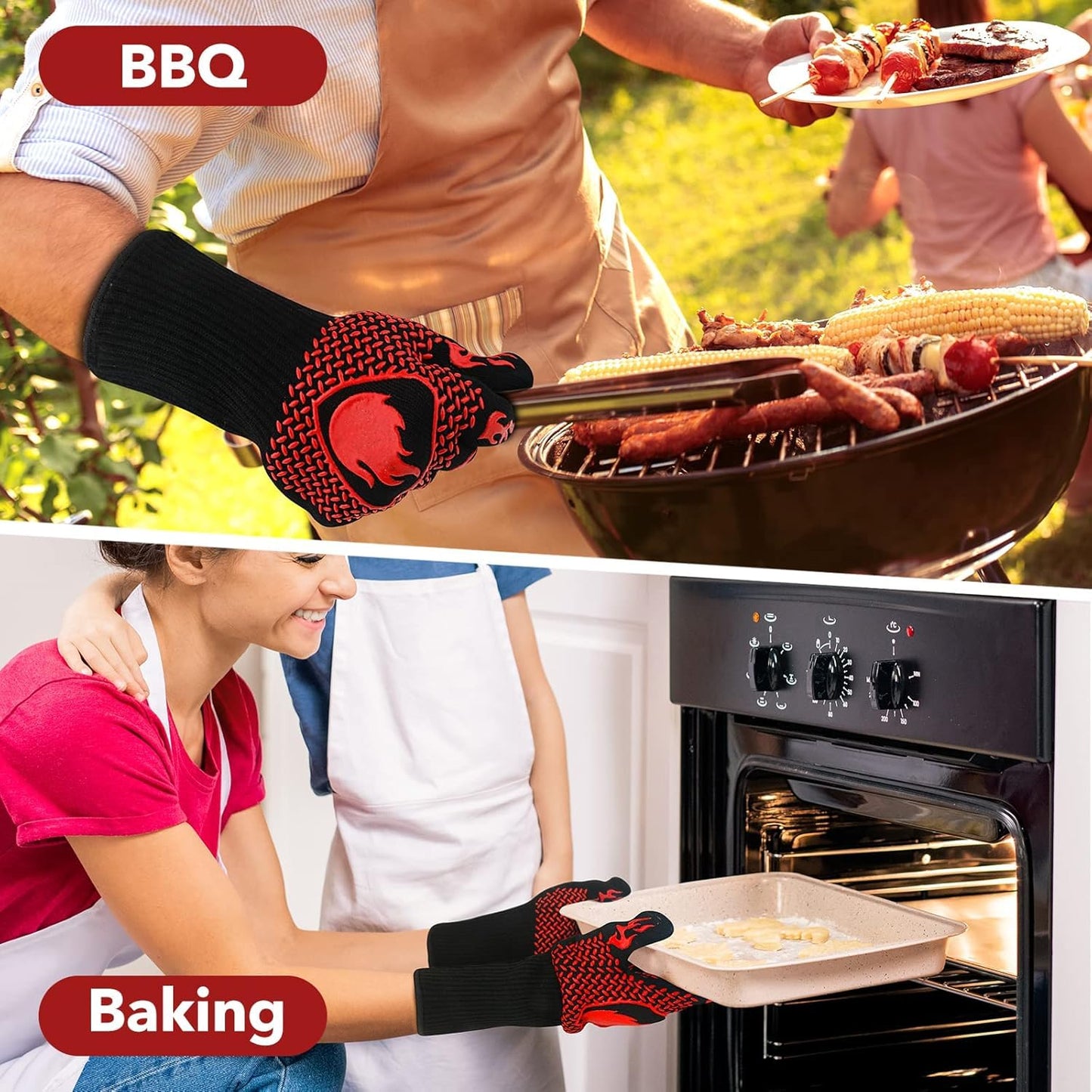 SKY-TOUCH 1pcs BBQ Grill Gloves, Fireproof Oven Gloves with Long Cuff, Heat Resistant up to 800 °C, Durable Silicone & Cotton, Black & Red