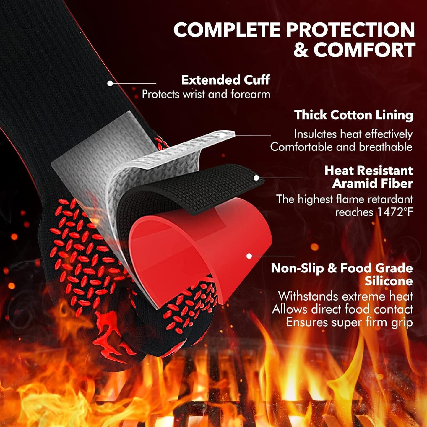 SKY-TOUCH 1pcs BBQ Grill Gloves, Fireproof Oven Gloves with Long Cuff, Heat Resistant up to 800 °C, Durable Silicone & Cotton, Black & Red