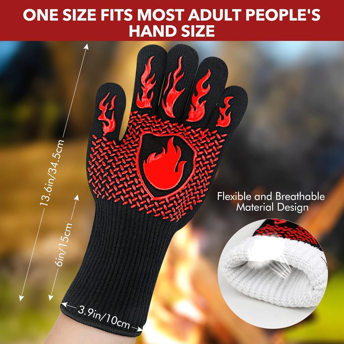 SKY-TOUCH 1pcs BBQ Grill Gloves, Fireproof Oven Gloves with Long Cuff, Heat Resistant up to 800 °C, Durable Silicone & Cotton, Black & Red