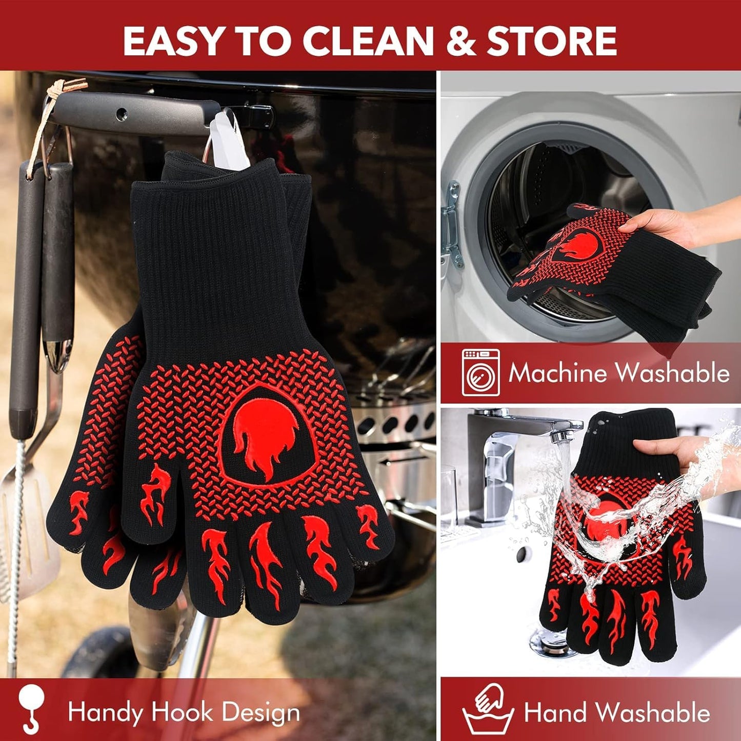 SKY-TOUCH 1pcs BBQ Grill Gloves, Fireproof Oven Gloves with Long Cuff, Heat Resistant up to 800 °C, Durable Silicone & Cotton, Black & Red