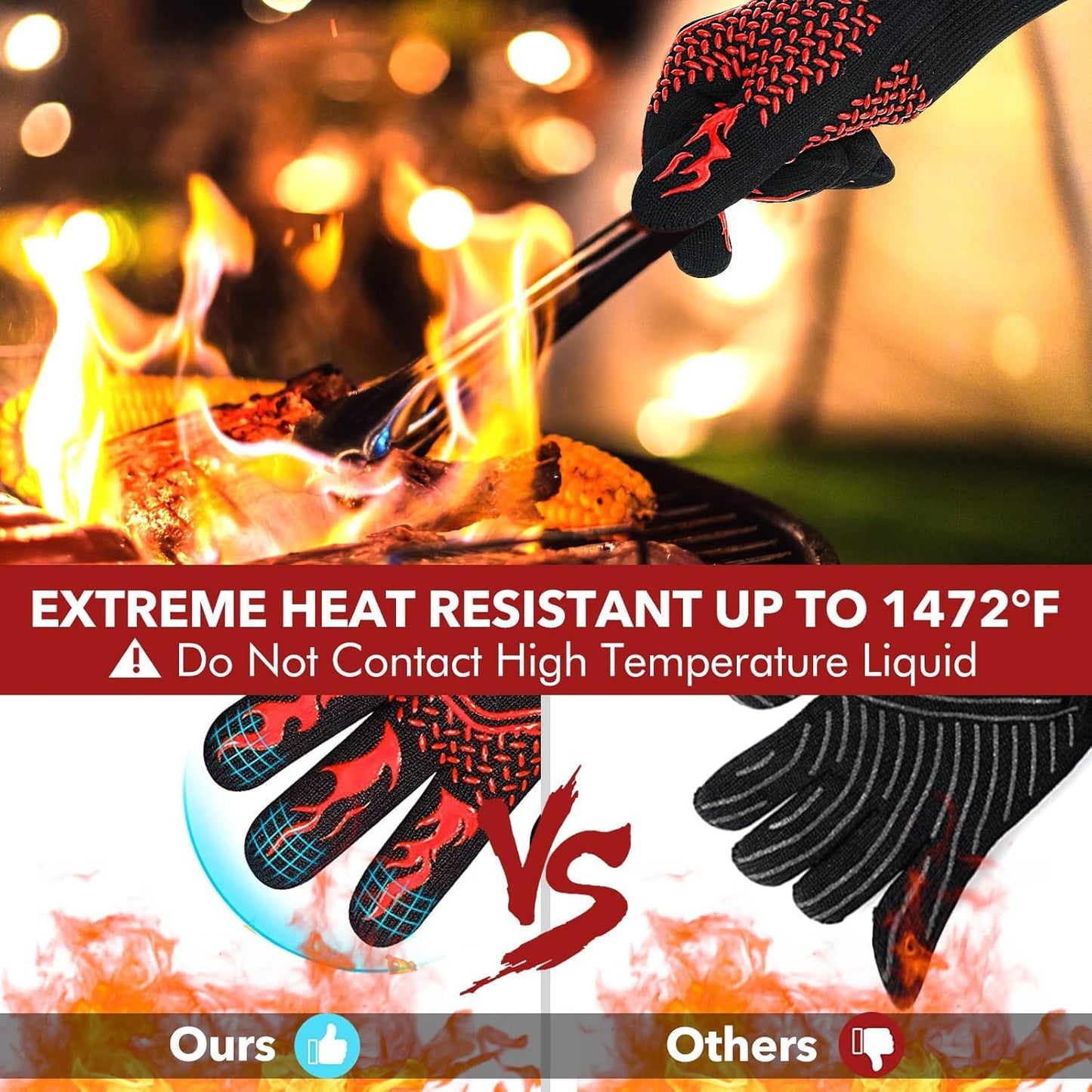 SKY-TOUCH 1pcs BBQ Grill Gloves, Fireproof Oven Gloves with Long Cuff, Heat Resistant up to 800 °C, Durable Silicone & Cotton, Black & Red