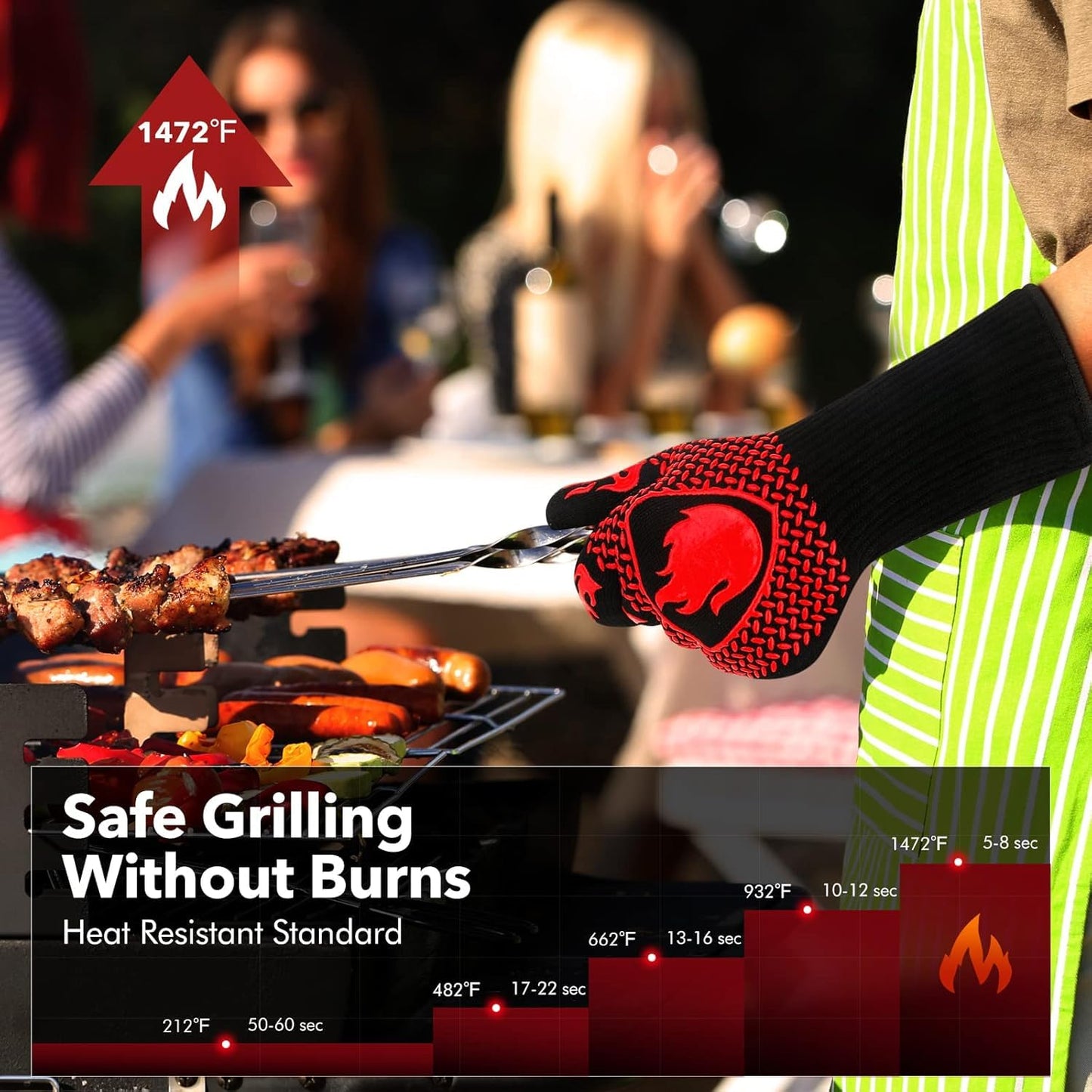 SKY-TOUCH 1pcs BBQ Grill Gloves, Fireproof Oven Gloves with Long Cuff, Heat Resistant up to 800 °C, Durable Silicone & Cotton, Black & Red