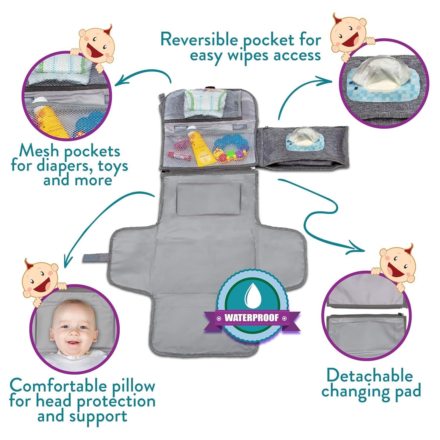 SKY-TOUCH Baby Portable Diaper Changing Pad,Waterproof Travel Change Pad,with Wipes Pocket, Smart Design Portable Changing Mat, Infant Travel Station Kit, Gift for Newborn Girl & Boy - Grey