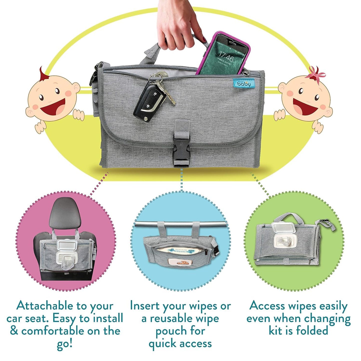 SKY-TOUCH Baby Portable Diaper Changing Pad,Waterproof Travel Change Pad,with Wipes Pocket, Smart Design Portable Changing Mat, Infant Travel Station Kit, Gift for Newborn Girl & Boy - Grey