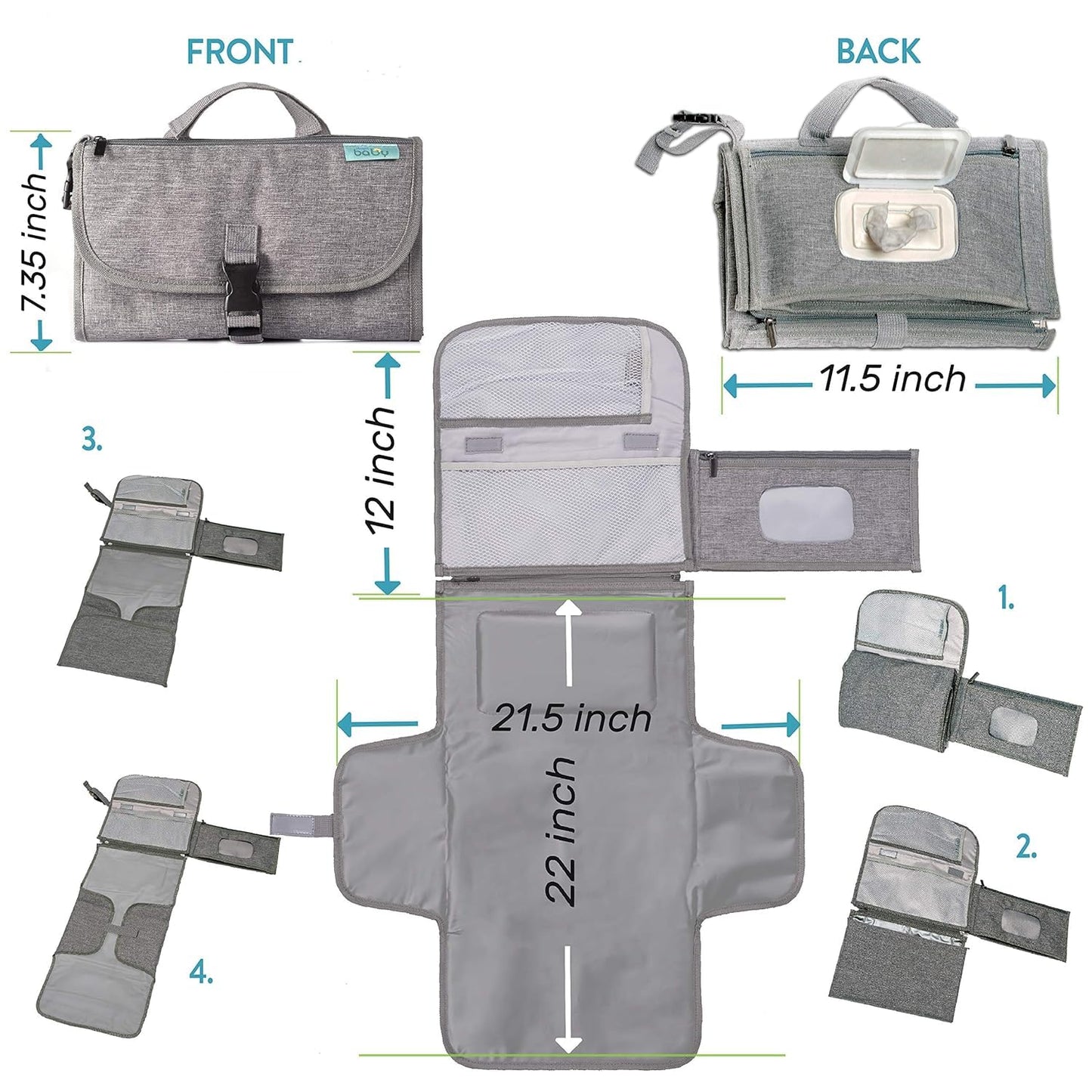 SKY-TOUCH Baby Portable Diaper Changing Pad,Waterproof Travel Change Pad,with Wipes Pocket, Smart Design Portable Changing Mat, Infant Travel Station Kit, Gift for Newborn Girl & Boy - Grey