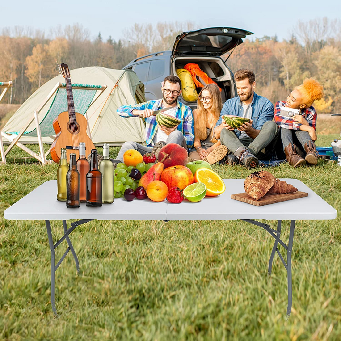 SKY-TOUCH Folding Lightweight Trestle Outdoor Camping Table,Heavy Duty Plastic Outdoor Folding Picnic Table,Folding Trestle Table For BBQ Party, Folds in Half with Carry Handle,White