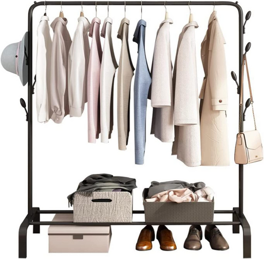 SKY-TOUCH Multipurpose Clothing Garment Rack with Bottom Shelves,Metal Clothes Stand Rack with Rod and Lower Storage Shelf, Heavy Duty Coat Rack and Shoe Bench Storage Stand for Indoor Bedroom