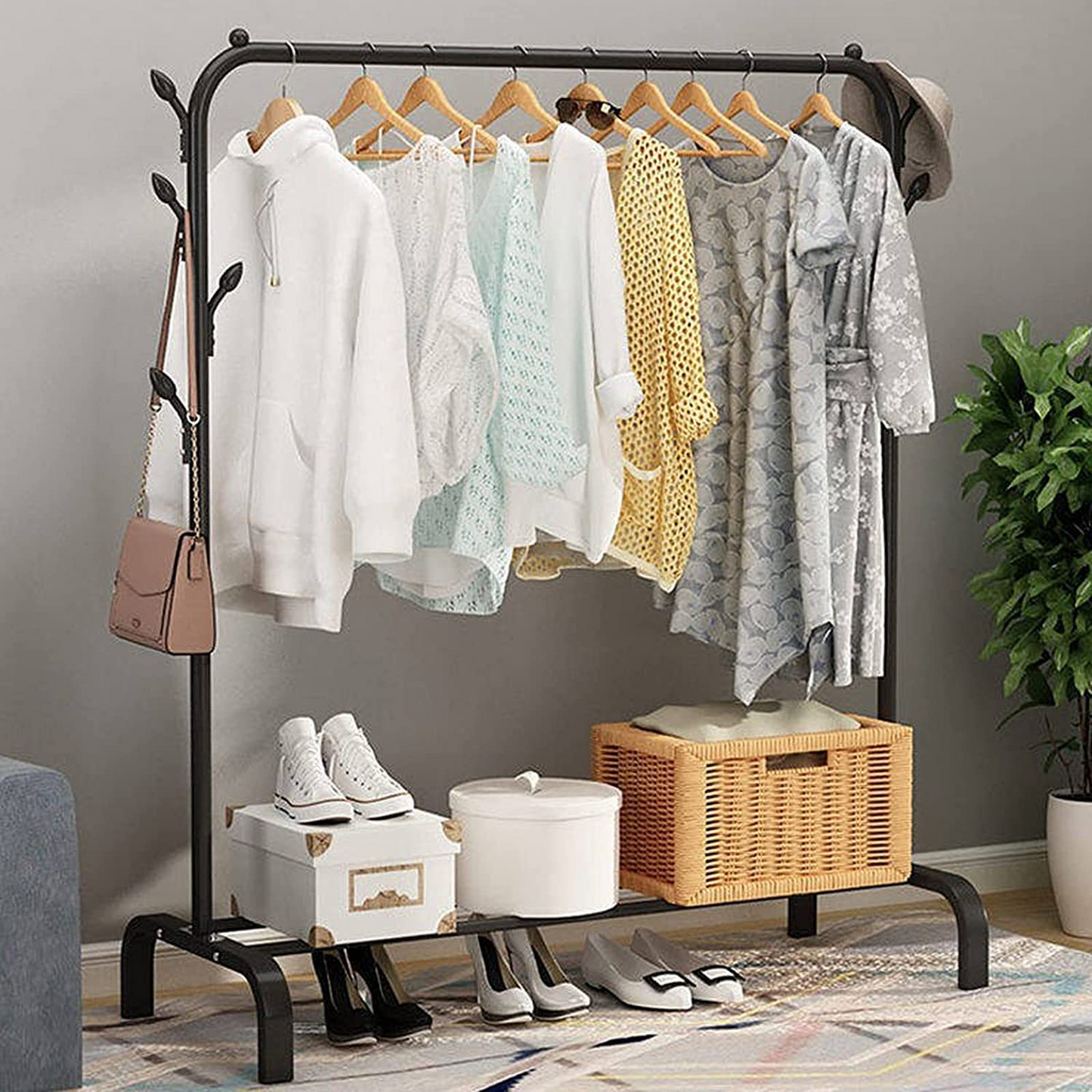 SKY-TOUCH Multipurpose Clothing Garment Rack with Bottom Shelves,Metal Clothes Stand Rack with Rod and Lower Storage Shelf, Heavy Duty Coat Rack and Shoe Bench Storage Stand for Indoor Bedroom