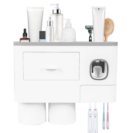 SKY-TOUCH Cups Wall Mounted Toothbrush Holder, Multifunctional Space-Saving Toothbrush and Toothpaste Holder with Drawer for Cosmetics Organizer for Washroom and Bathroom