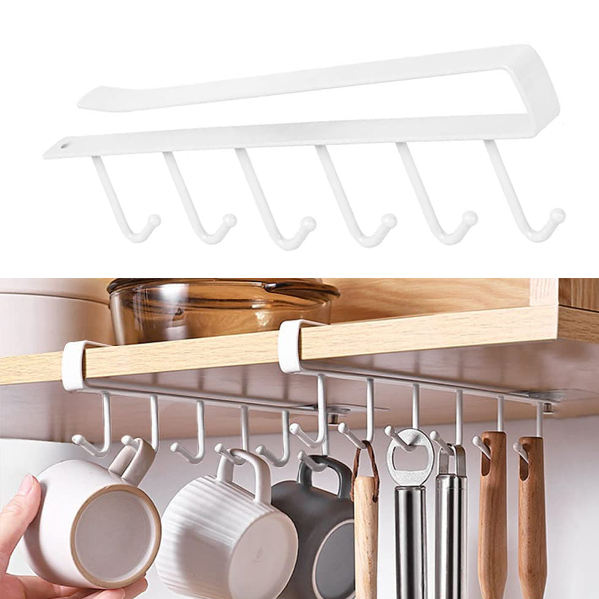 Cup Holder Under Cabinet £¬Multifunction Kitchen Drilling Free Coffee Cups Holder Hanger for Cups/Kitchen Utensils/Ties Belts/Scarf/Keys Storage Rack Cupboard Shelf Hanging Hook£¬White