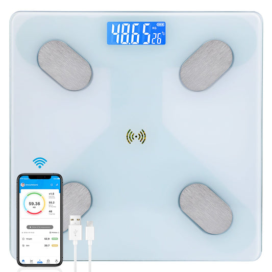 SKY-TOUCH Multifunctional Smart Body Fat Scale, Electronic Led Digital Weight Bathroom Scale With Smartphone App, Support 17 Languages And Indoor Temperature Measurement, 260*260*23Mm Whtie