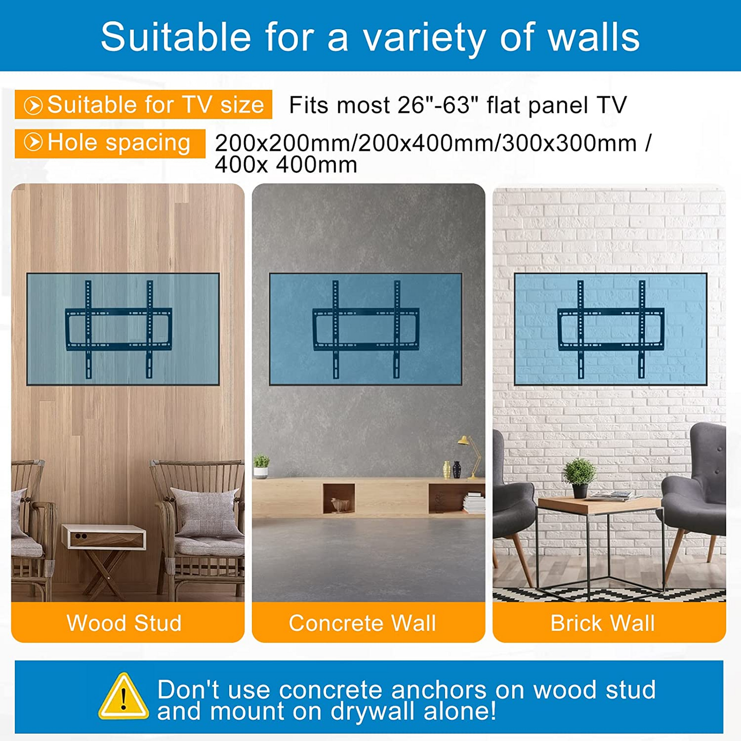 SKY-TOUCH TV Wall Mount 26-63 Inches Ultra Strong Slim Fixed TV Bracket Heavy Duty Ultra Super Strong 50KG TV Wall Mount with Wall Fixing Kit for Flat Curved Screen TV LED, LCD OLED and Plasma 50Kg