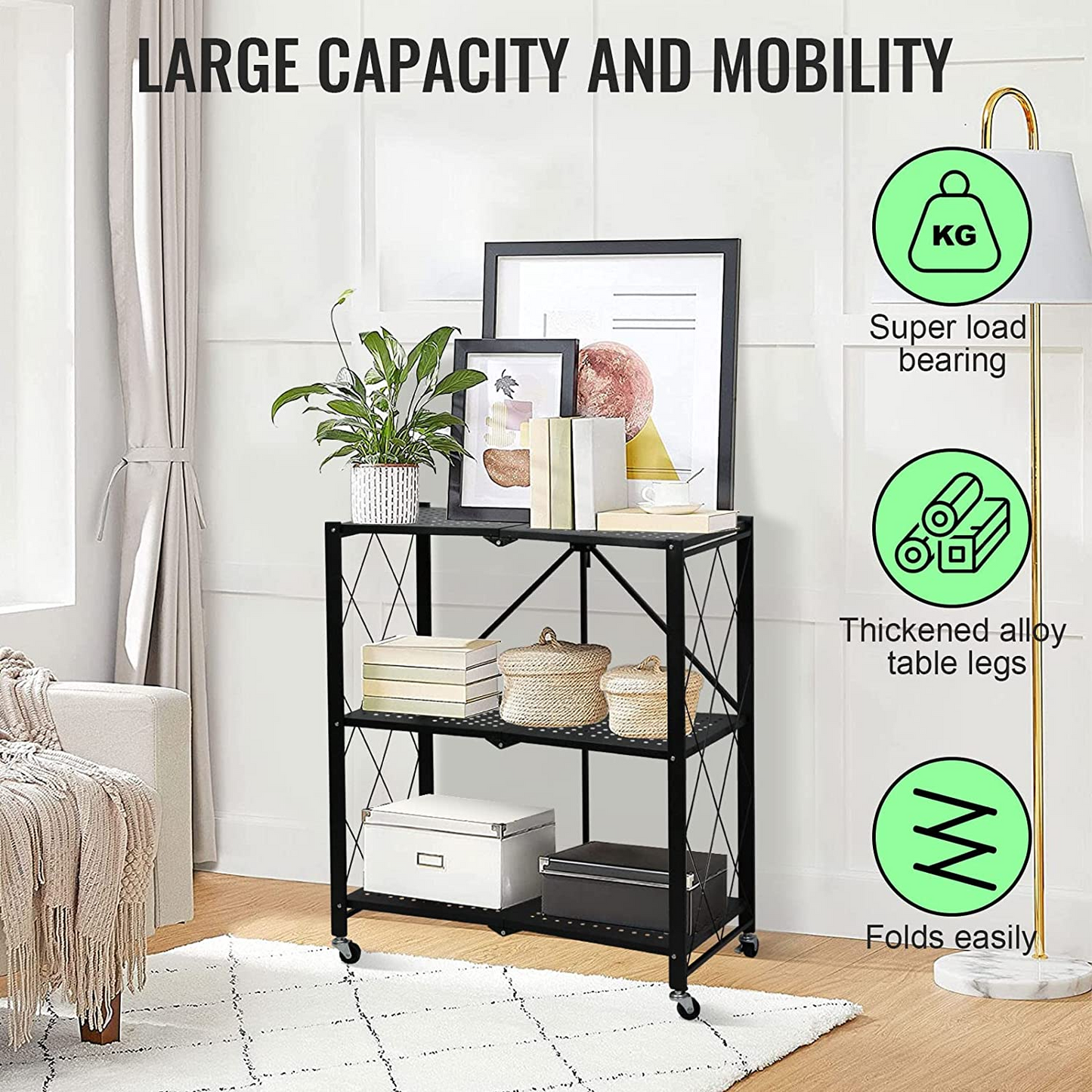 SKY-TOUCH Foldable Storage Shelves, Storage Racks Kitchen Cabinet, Shelf Storage Multipurpose Rack for Living Room Bedroom Kitchen Garage Easy Assembly