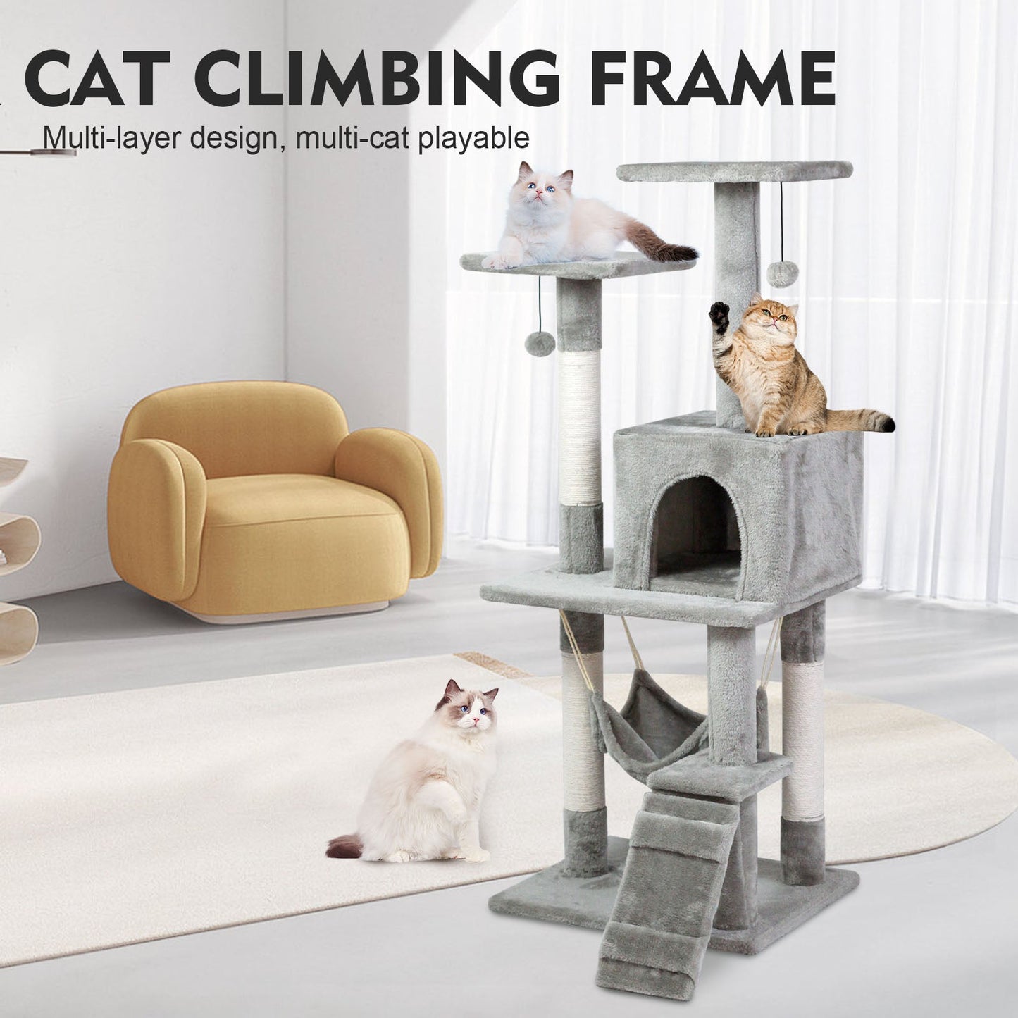 SKY-TOUCH Cat Tree Tower£¬Cat Condo with 4 Sisal Scratching Post,Activity Centre Cat Climbing Tree with Cat House£¬Hammock, Sisal Posts, Ladder, and Rest Place for Indoor Cat£¨120¡Á54¡Á30cm£©Grey