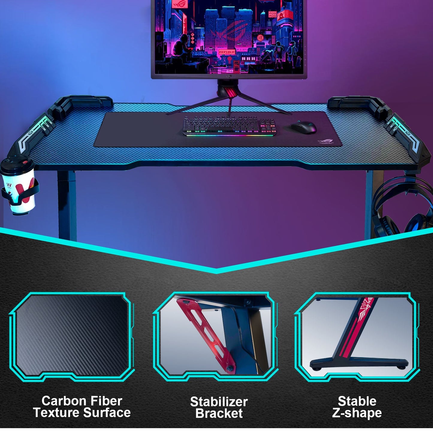 SKY-TOUCH Gaming Desk,Ergonomic Computer and Gaming Table Z Shaped for Pc, Workstation, Home, Office with LED Lights Carbon Fiber Surface,Cup Holder and Headphone Hook,Blue120¡Á60¡Á75cm