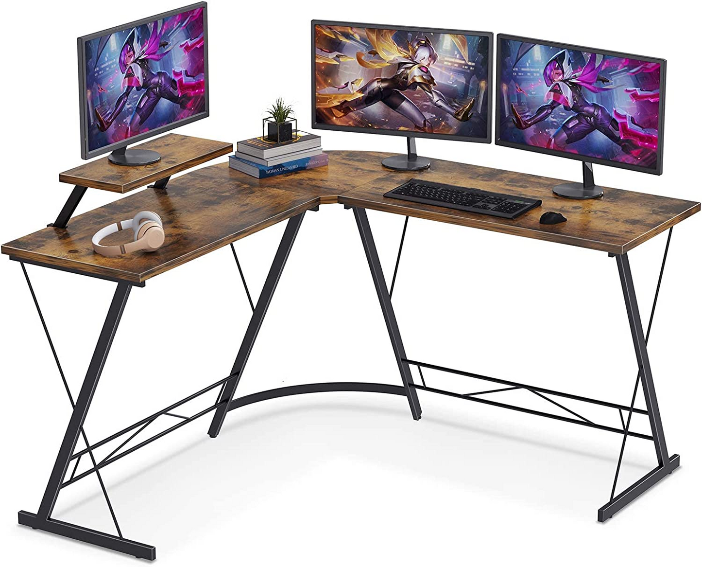 SKY-TOUCH L-Shaped Gaming Desk - 50.8x18.1x28inch" Home Office Corner Desk with Shelf, Large Monitor Stand, Sturdy Writing Workstation, Round Edge