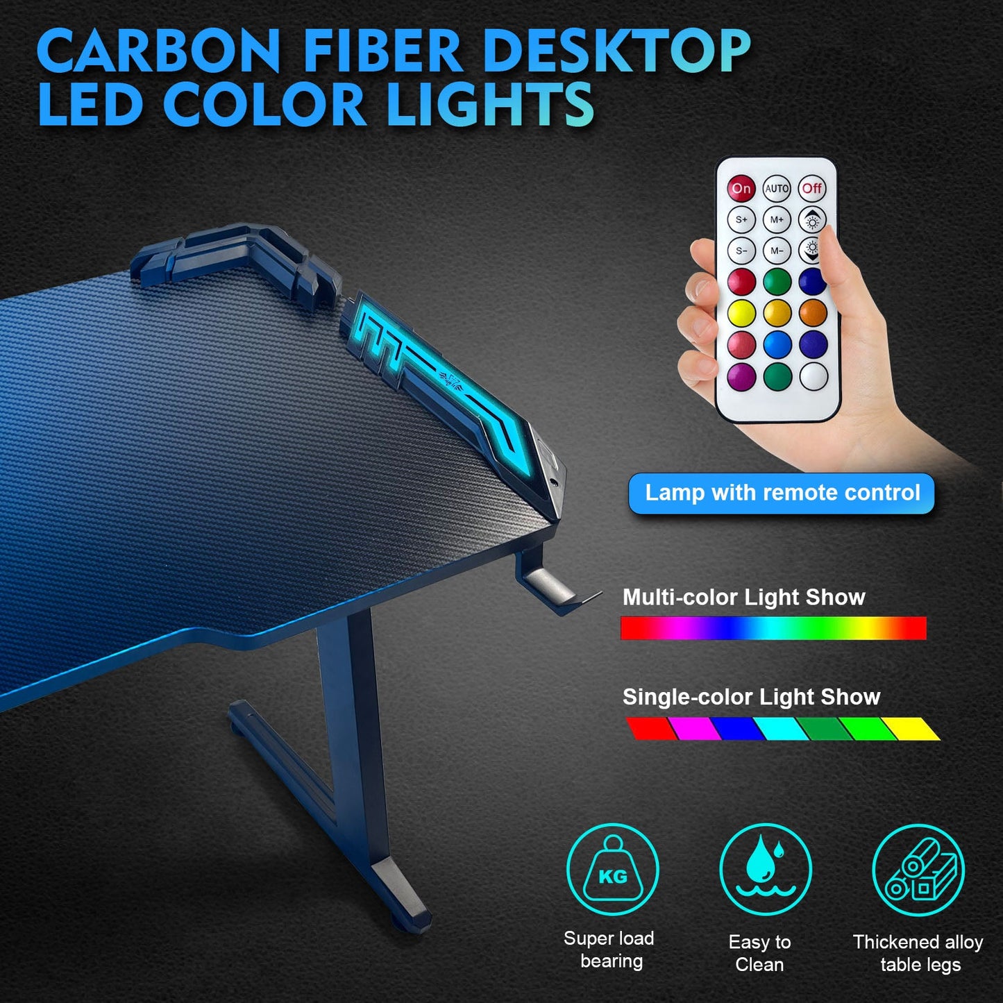 SKY-TOUCH Gaming Desk,Ergonomic Computer and Gaming Table Z Shaped for Pc, Workstation, Home, Office with LED Lights Carbon Fiber Surface,Cup Holder and Headphone Hook,Blue120¡Á60¡Á75cm