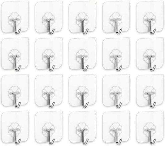 SKY TOUCH 20 Pieces Each Pack Heavy Duty Adhesive Wall Hooks, Waterproof and Oil Proof Ideal for Kitchen and Bathroom, Transparent