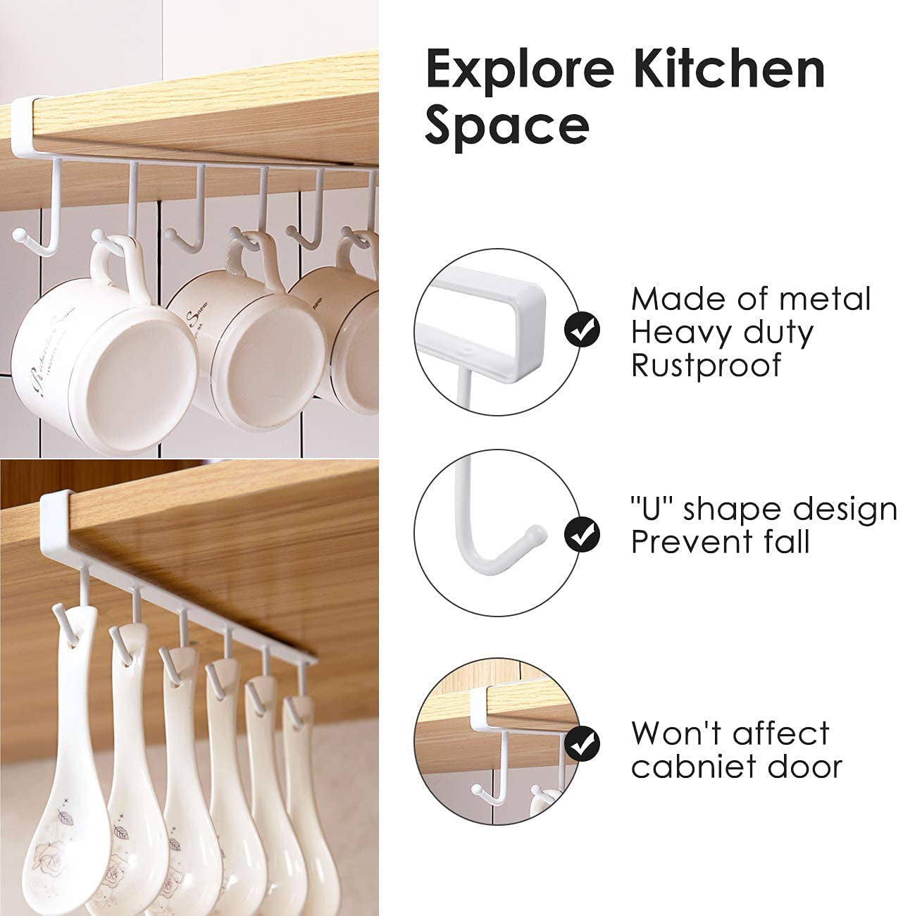 Cup Holder Under Cabinet £¬Multifunction Kitchen Drilling Free Coffee Cups Holder Hanger for Cups/Kitchen Utensils/Ties Belts/Scarf/Keys Storage Rack Cupboard Shelf Hanging Hook£¬White