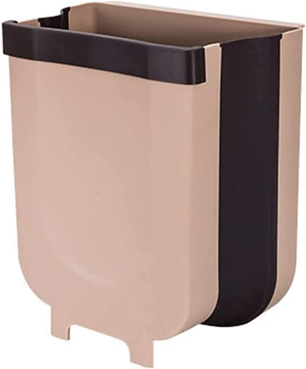 Hanging Trash Bin Compact Collapsible Garbage Pail for Kitchen or Bathroom Drawers, Cupboards and Door - Brown