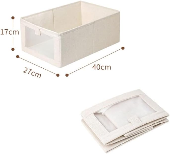 SKY-TOUCH 3Pcs Linen Storage Bins : Closet Organizers and Storage with Clear Window Foldable Large Storage Closet Baskets for Organizing Clothing Toys Books Shelves (Beige 40x27x18cm)