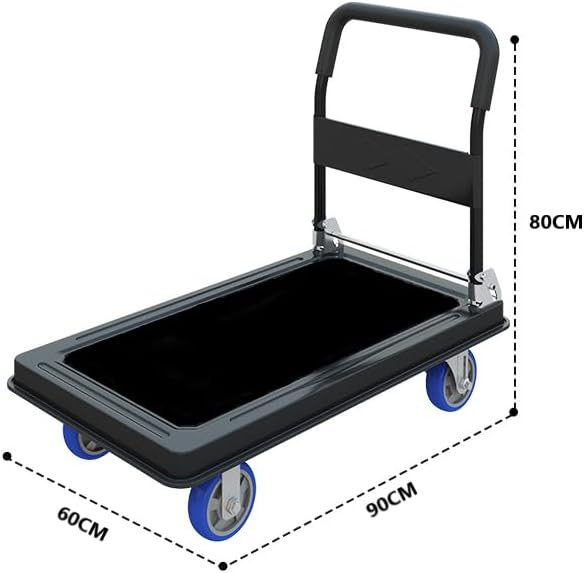 SKY-TOUCH Platform Truck,Flat Trolley,Panel Carts Heavy Duty, Foldable Push Cart Dolly,Foldable thickened handle,Silent rubber casters,Maximum load capacity 350KG,90 * 60cm-Black