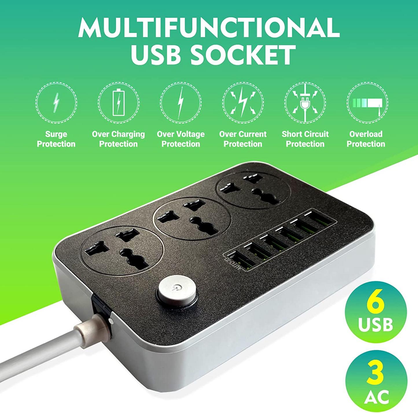 SKY-TOUCH Power Strips Extension Cord 3 Outlets, Power Socket with 6 USB Ports Universal Charging Socket with 2M Bold Extension Cord