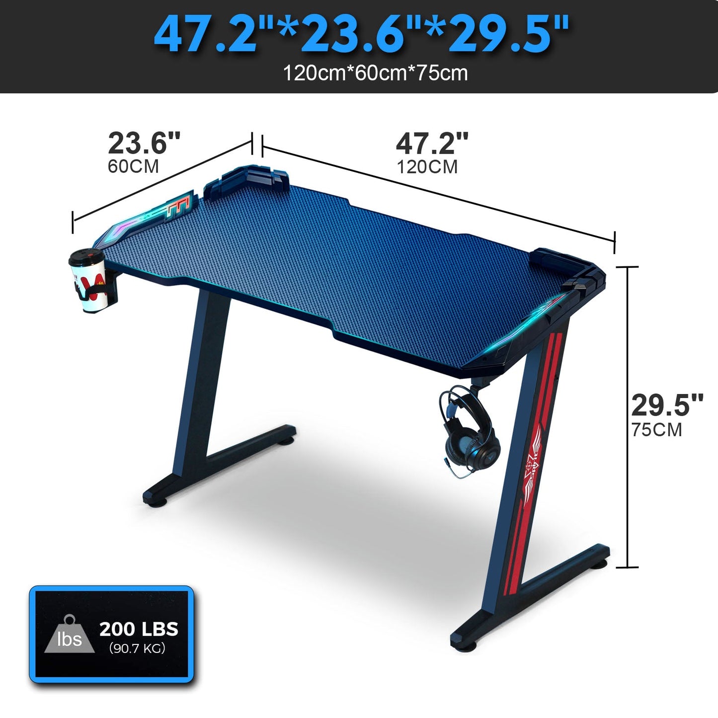 SKY-TOUCH Gaming Desk,Ergonomic Computer and Gaming Table Z Shaped for Pc, Workstation, Home, Office with LED Lights Carbon Fiber Surface,Cup Holder and Headphone Hook,Blue120¡Á60¡Á75cm