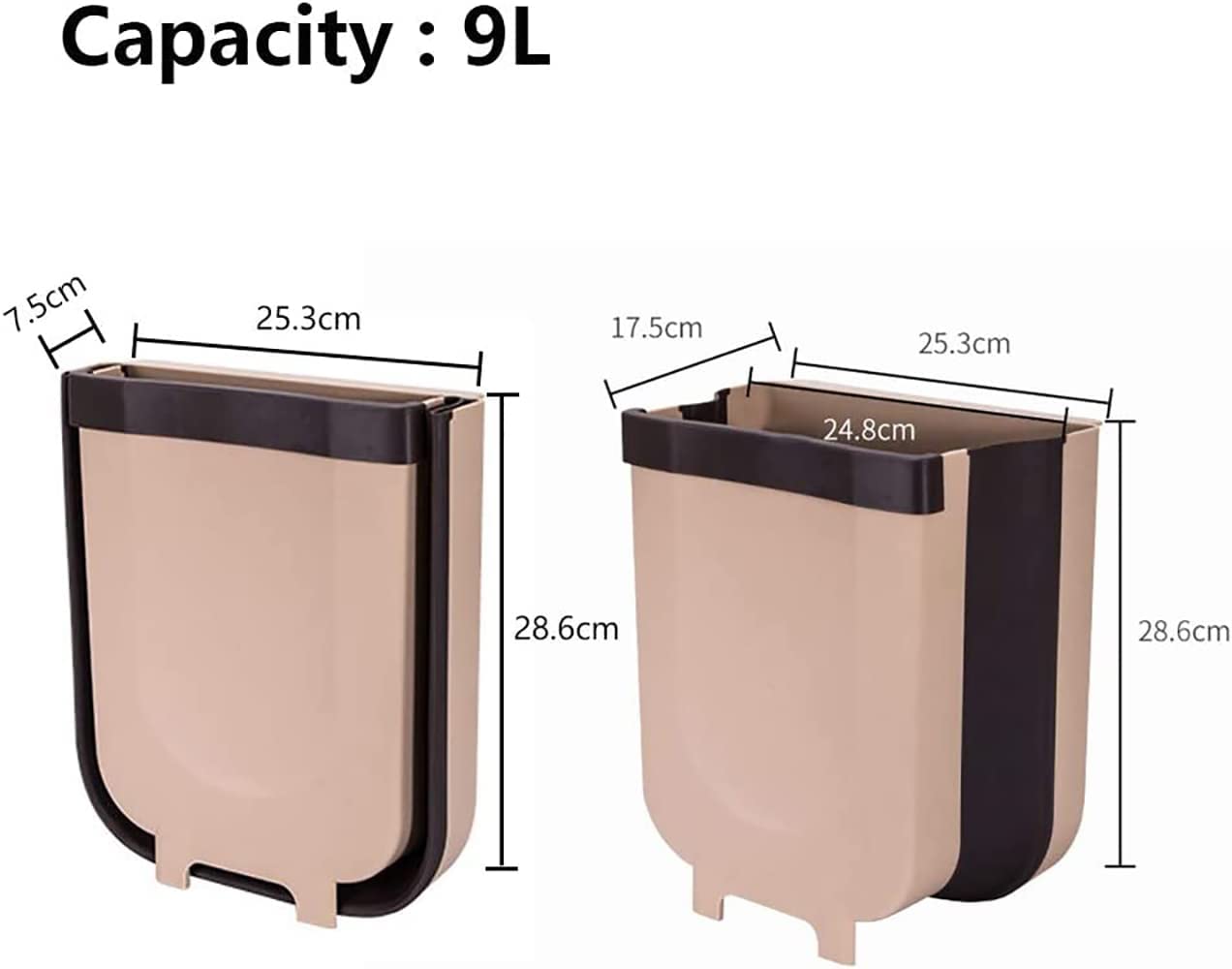 Hanging Trash Bin Compact Collapsible Garbage Pail for Kitchen or Bathroom Drawers, Cupboards and Door - Brown