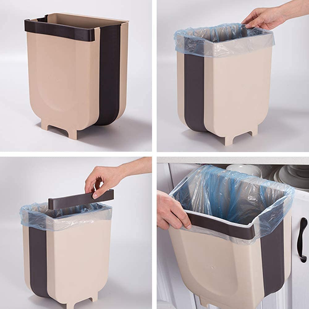 Hanging Trash Bin Compact Collapsible Garbage Pail for Kitchen or Bathroom Drawers, Cupboards and Door - Brown