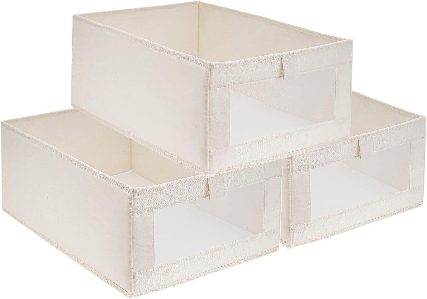 SKY-TOUCH 3Pcs Linen Storage Bins : Closet Organizers and Storage with Clear Window Foldable Large Storage Closet Baskets for Organizing Clothing Toys Books Shelves (Beige 40x27x18cm)