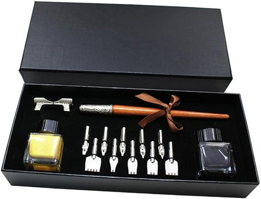 Calligraphy Dip Pen Set: Drawing Pens with Wooden Handle Parallel Pen with Replaceable Pen Nib and Ink for Penmanship Watercolor Art