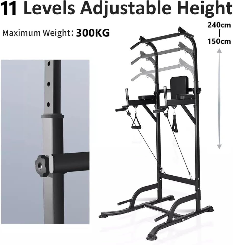 Power Tower Pull Up Bar : Strength Training Fitness Workout Station with Resistance Bands Multi-Function Adjustable Height Dip Station for Home Gym (Black, 300KG)