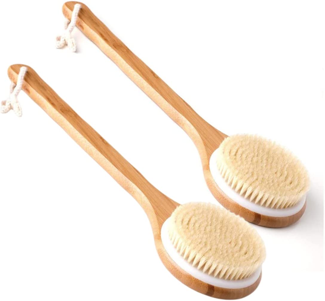 Bath Brush Long Handle, Shower Brush Soft Body Brush Back SPA Clean Natural Bristles Exfoliating Brush Long Wooden Handle Brown