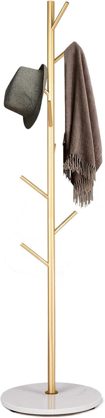 Coat Rack Free Standing Hall with 7 Hooks, Stand Tree Rack with Marble Round Base, Entryway Coat Stand for Purses, Clothes, Scarves, for Hallway, Bedroom, Living Room, Golden-170*30*30cm